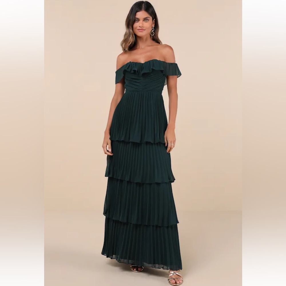 Lulu's Strapless Tiered Dark Green Dress